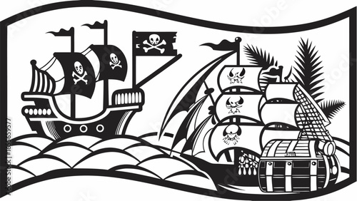 Two pirate ships sailing on the sea with skull and crossbones flags and a treasure chest on the deck of a ship silhouette