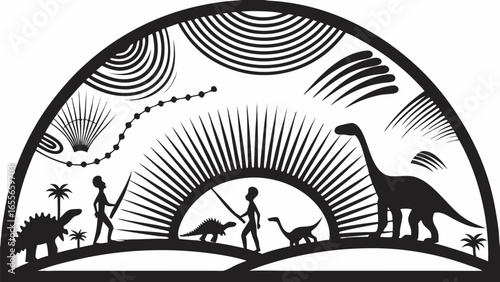 Silhouette illustration of dinosaurs and humans with abstract sun and sky design elements artfully crafted