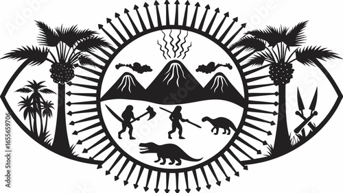 Illustration of prehistoric scene with dinosaurs, volcanoes, and early humans in black and white silhouette