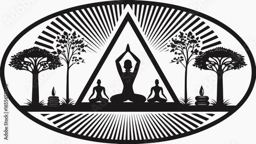 Silhouette yoga scene with figures in meditation pose under a triangle with trees and candle stacks design