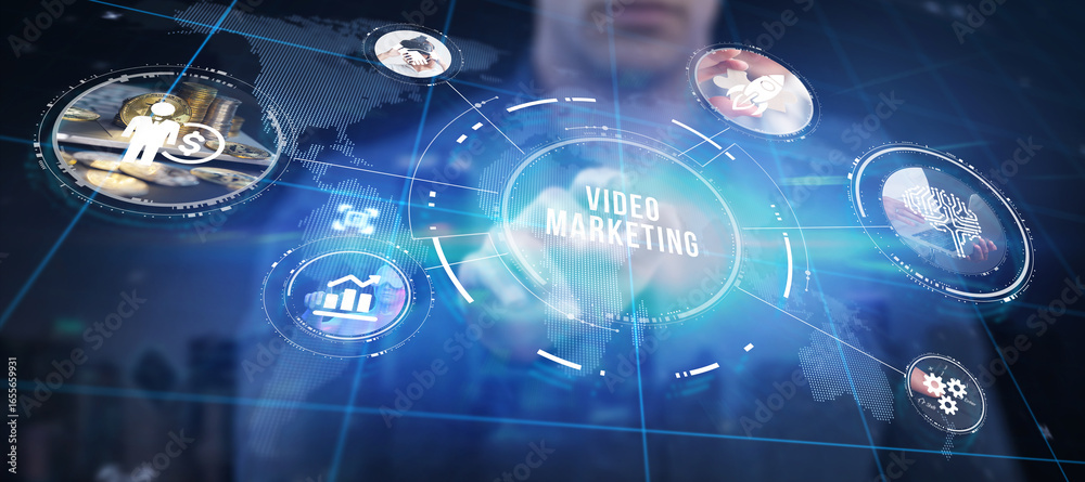 Obraz premium Video marketing and advertising concept on screen. Business, Technology, Internet and network concept.