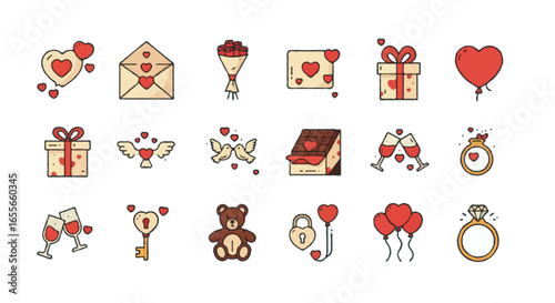 Vector Valentine’s Day Icons set | Includes heart, love letter, bouquet of roses, gift box, cupid arrow, lovebirds, chocolate box, ring, teddy bear, wine glasses, lock and key, and balloon heart