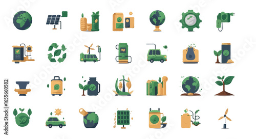 Vector Sustainability & Eco-friendly icons set | Includes recycling bin, reusable bag, solar panel, wind turbine, electric car, eco house, water droplet, compost bin, green leaf, globe, plant sprout