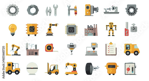 Vector icon set of robotics engineering | including robotic arm, humanoid robot, AI chip, servo motor, gears, control panel, assembly line robot, sensor module, remote controller