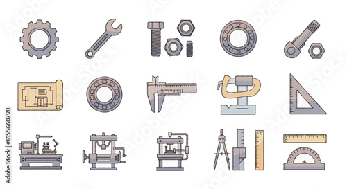 Vector mechanical engineering tools and symbols  icons set | including gear, wrench, nuts and bolts, bearing, caliper, blueprint, lathe machine, hydraulic press, technical drawing tools
