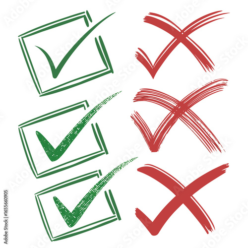 Green Check Marks and Red X Marks Symbolizing Agreement and Disagreement Grunge Style Design Set with Texture