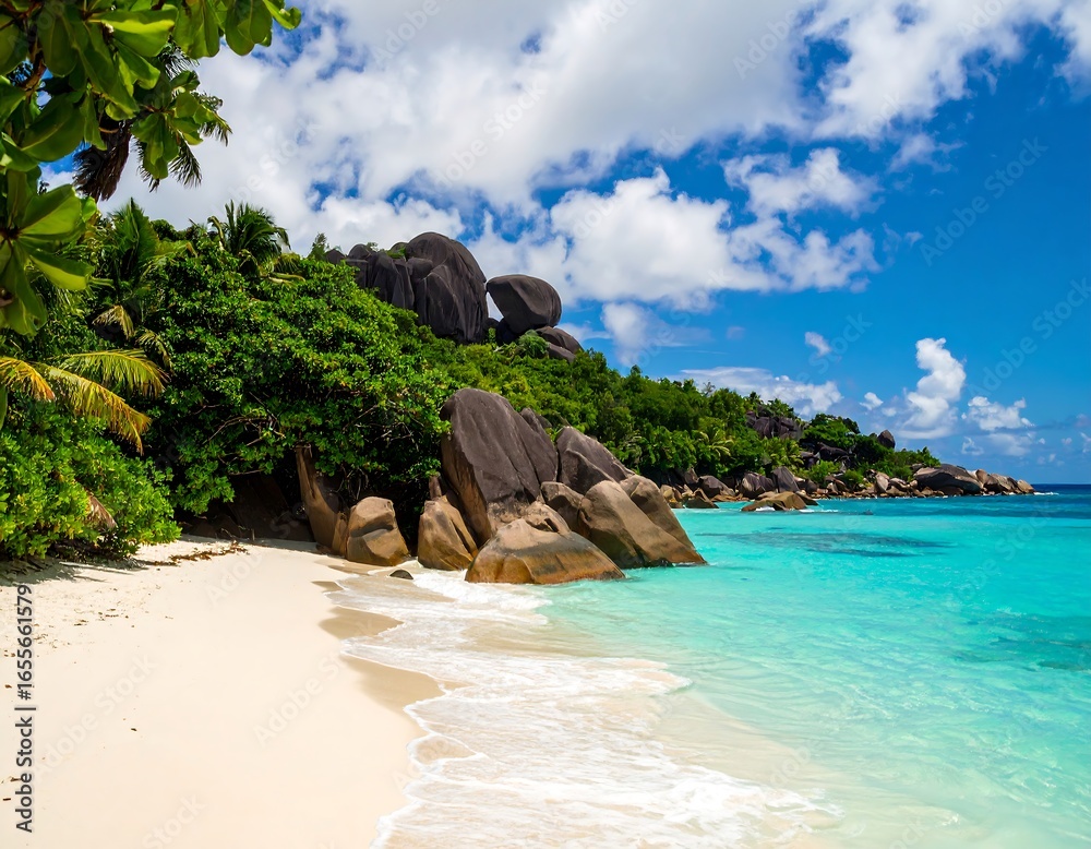 Fototapeta premium Tropical beach scene with granite boulders
