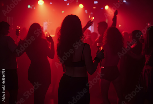 Group of Friends Dancing and Socializing in a Vibrant Nightclub Atmosphere

