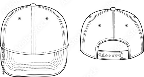 PrintBaseball cap front and back view, line drawing, fashion sketch, adjustable strap, headwear design, casual style, vector illustration