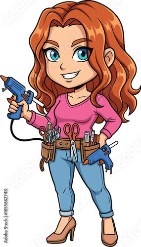 Crafting woman holding glue gun with tools in utility belt, creative DIY artisan character, cartoon illustration, arts and crafts concept, vector art