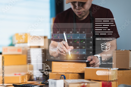 Online business owner planning delivery schedule with digital calendar and shipping checklist icons for logistics, order tracking, and e-commerce automation