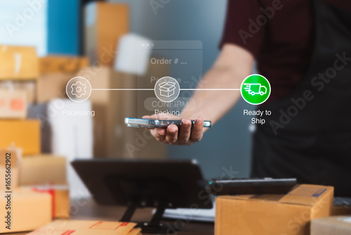 E-commerce seller tracking order status with smartphone and digital logistics icons showing process from packing to ready-to-ship