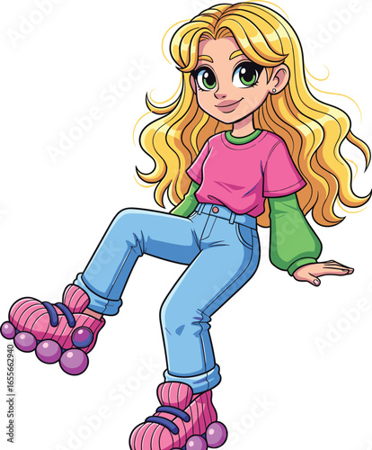 Cute girl with blonde hair wearing roller skates, colorful outfit, cartoon style character, fun kids activity, vector illustration for children content