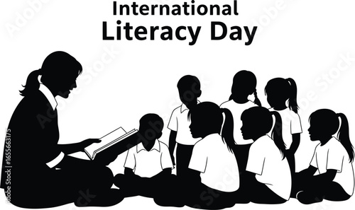 International literacy day illustration with teacher reading to students to promote education and learning