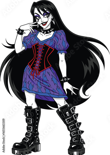 Gothic cartoon girl character with long black hair, purple dress, platform boots, and edgy makeup, alternative fashion vector illustration for style concepts