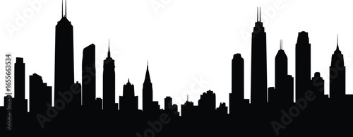 Modern city skyline silhouette illustration with tall skyscrapers, urban buildings, downtown architecture, high-rise towers, metropolitan landscape, black and white cityscape design vector