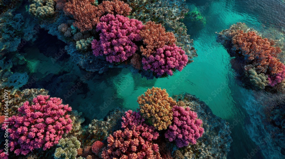 Obraz premium Vibrant coral formations in various colors create a stunning underwater landscape reflecting sunlight. The tranquil waters reveal the rich biodiversity of marine life in this beautiful ecosystem.