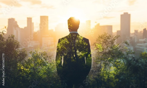 Layered image of a businessman, urban cityscape, and green foliage, illustrating the concept of sustainable development and green investing in a modern, eco-conscious business world, Generative AI