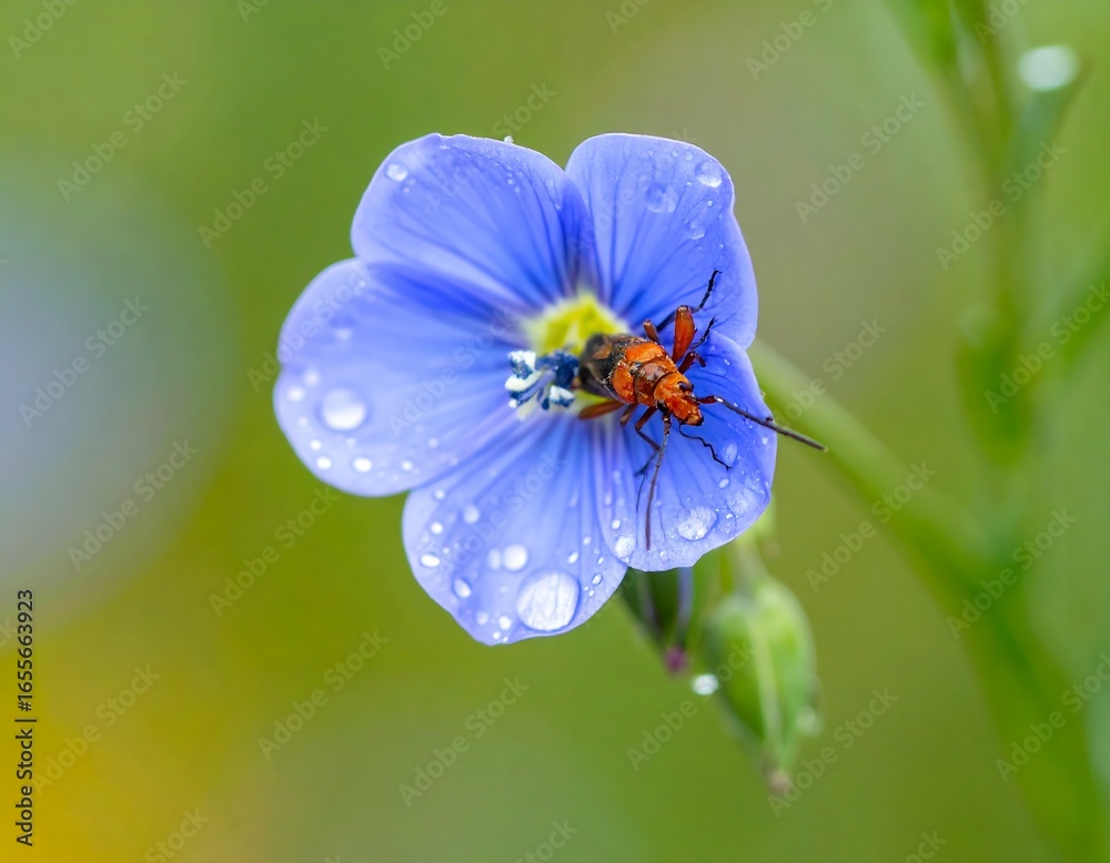 Fototapeta premium Vibrant blue flower with a small red insect
