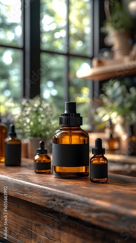 Brown glass bottles with black labels sit on a wooden surface with a blurred background