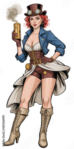 Steampunk woman with red curly hair, holding steam device, wearing corset dress, boots and goggles, fantasy retro cosplay character vector illustration