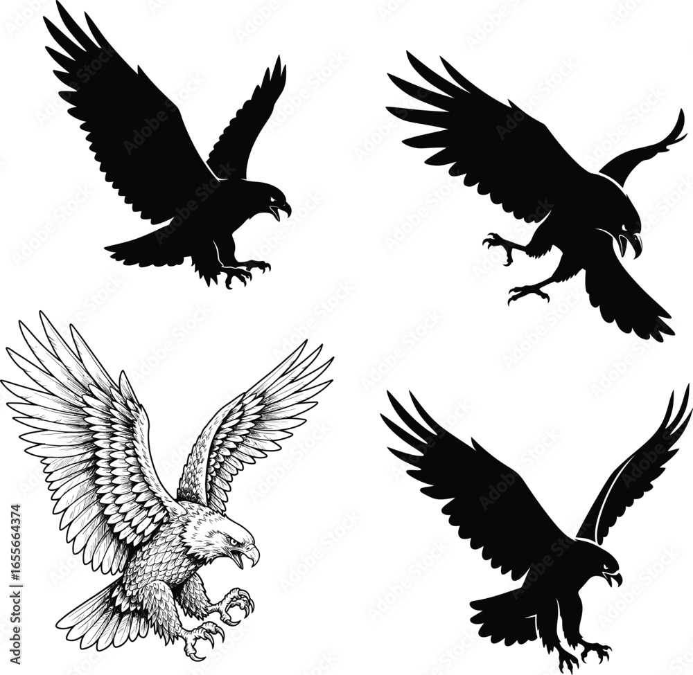 Fototapeta premium Eagle Black And White, Vector Template Set for Cutting and Printing