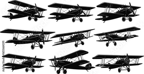 Vintage biplane silhouettes, retro aircraft clipart, black airplane icons, old fighter planes vector, classic aviation illustrations for design, print, decals
