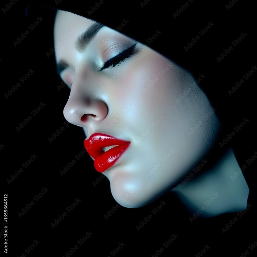 Obraz premium Noir Elegance: Moody Close-Up of Hooded Woman with Red Lips & Ethereal Blue Light - Cinematic Fashion Editorial on Black Velvet