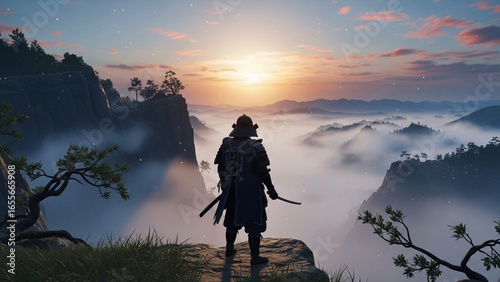 Samurai Warrior Overlooking a Misty Valley at Sunrise