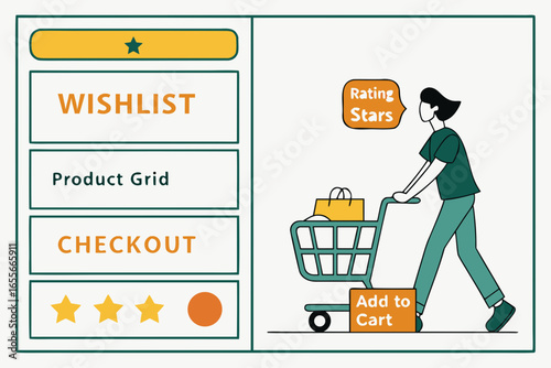 Woman pushing a shopping cart with wishlist and checkout buttons