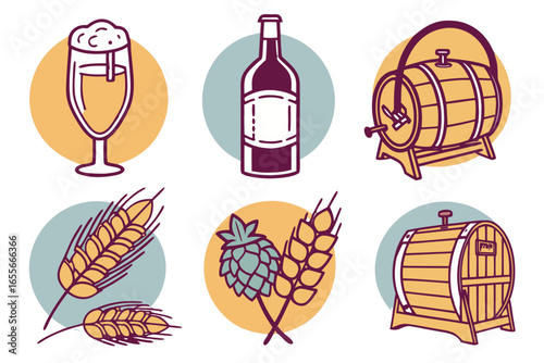 Collection of icons representing beer and wine ingredients and drinks