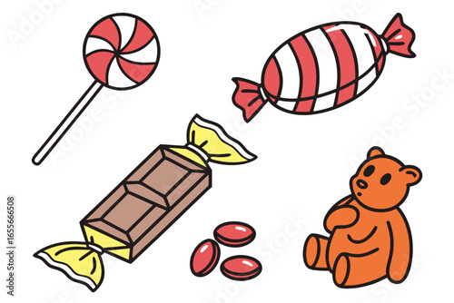 Assorted candies including a lollipop and chocolate bar