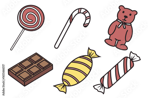 Various candies and a chocolate bar