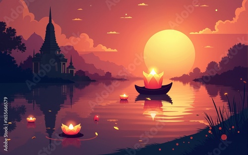 Abstract illustration of Loy Krathong festival of Thailand. vector illustration. High quality