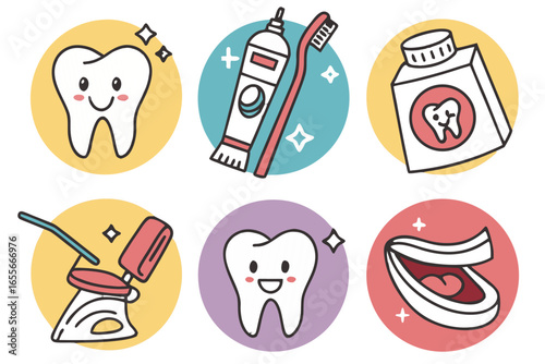 Cute cartoon dental hygiene icons with happy tooth and dental equipment