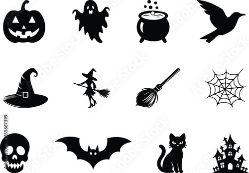 Halloween element silhouette bundle with pumpkin, witch, broom and spider web