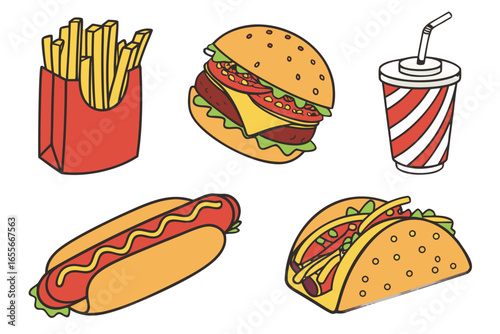 Collection of fast food items burger, hot dog, taco, fries, and soda