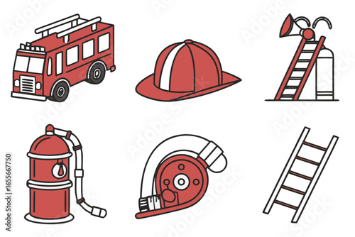 Firefighter equipment including truck, helmet, ladder, and hose