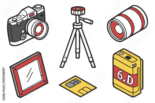 Photography equipment including a camera, lens, tripod, memory card, and battery