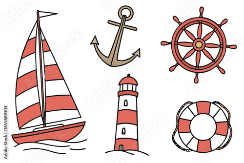 Nautical elements sailboat, anchor, lighthouse, ship wheel, lifebuoy