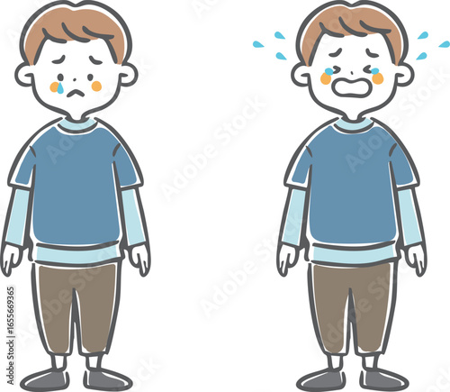 泣いている男の子のイラストセット　全身　ベクター