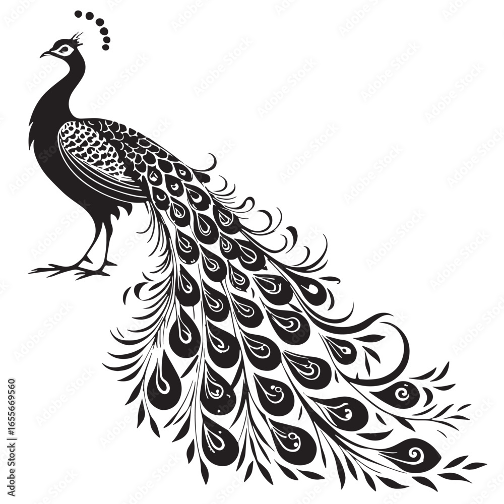 Fototapeta premium black peacock Silhouette Vector, High Quality Illustration on White Background
