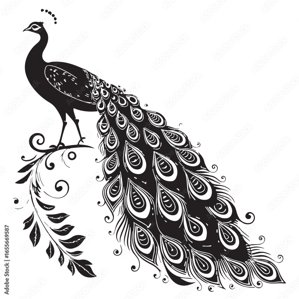 Fototapeta premium black peacock Silhouette Vector, High Quality Illustration on White Background