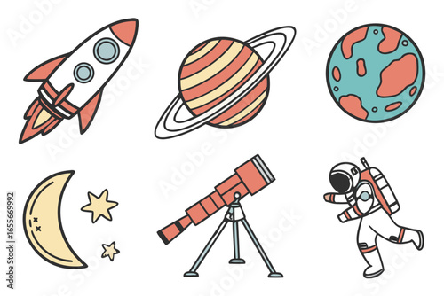 Space exploration icons with rocket, planets, moon, astronaut, telescope