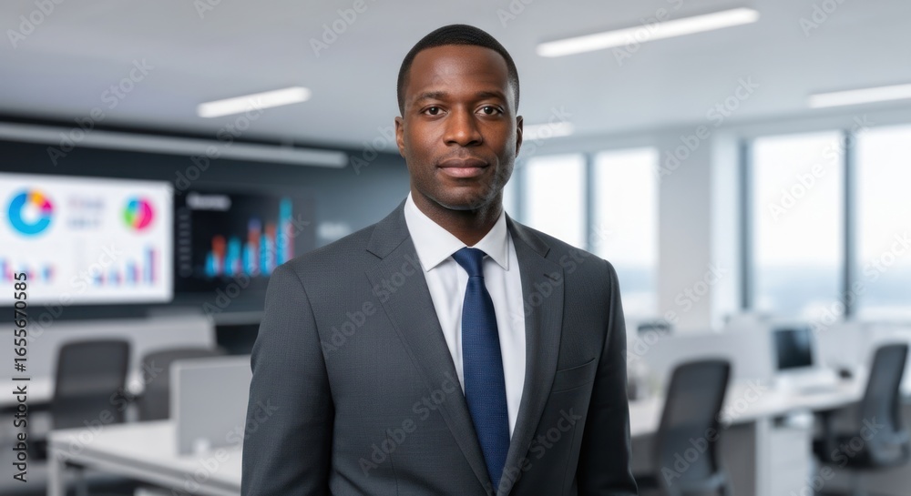 Fototapeta premium A man in a suit standing in an office with a large screen in the background.