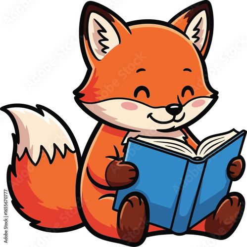 Cute Reading Fox with Book Vector illustration