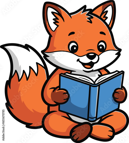 Cute Reading Fox with Book Vector illustration