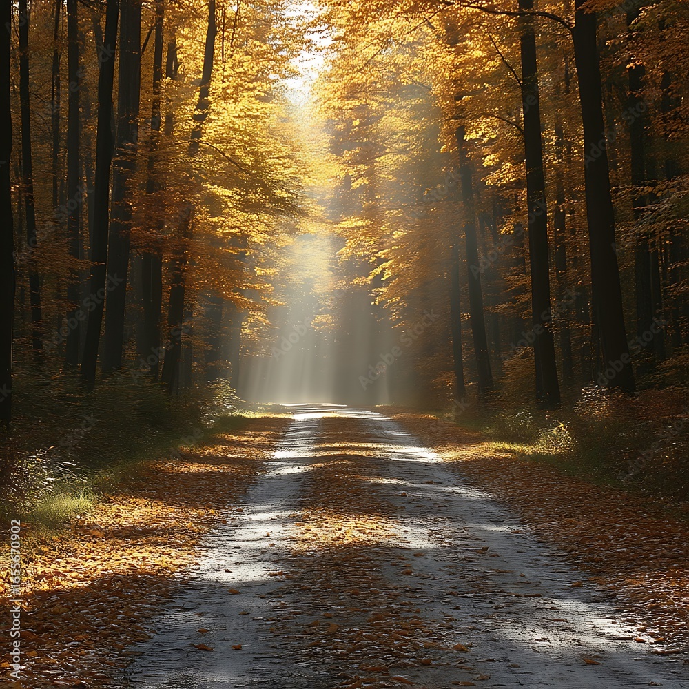 Obraz premium Sunlight streams through autumn trees onto a forest path.