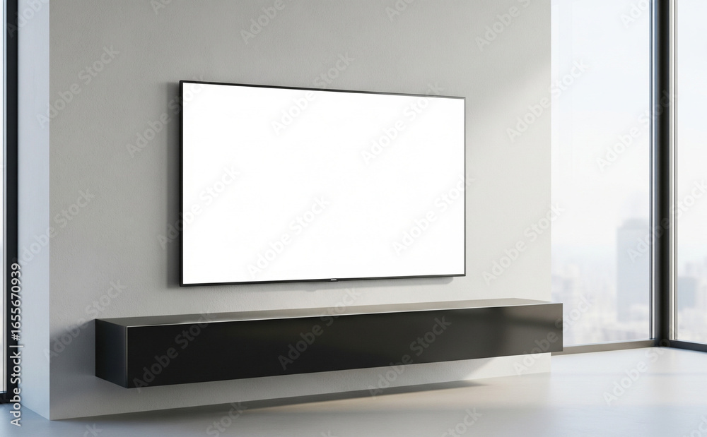 Fototapeta premium White Tv Blank Above Slim Black Console In Apartment