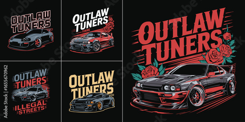 Outlaw Tuners street racing car illustration set with roses typography aggressive modified vehicle drift culture emblem design